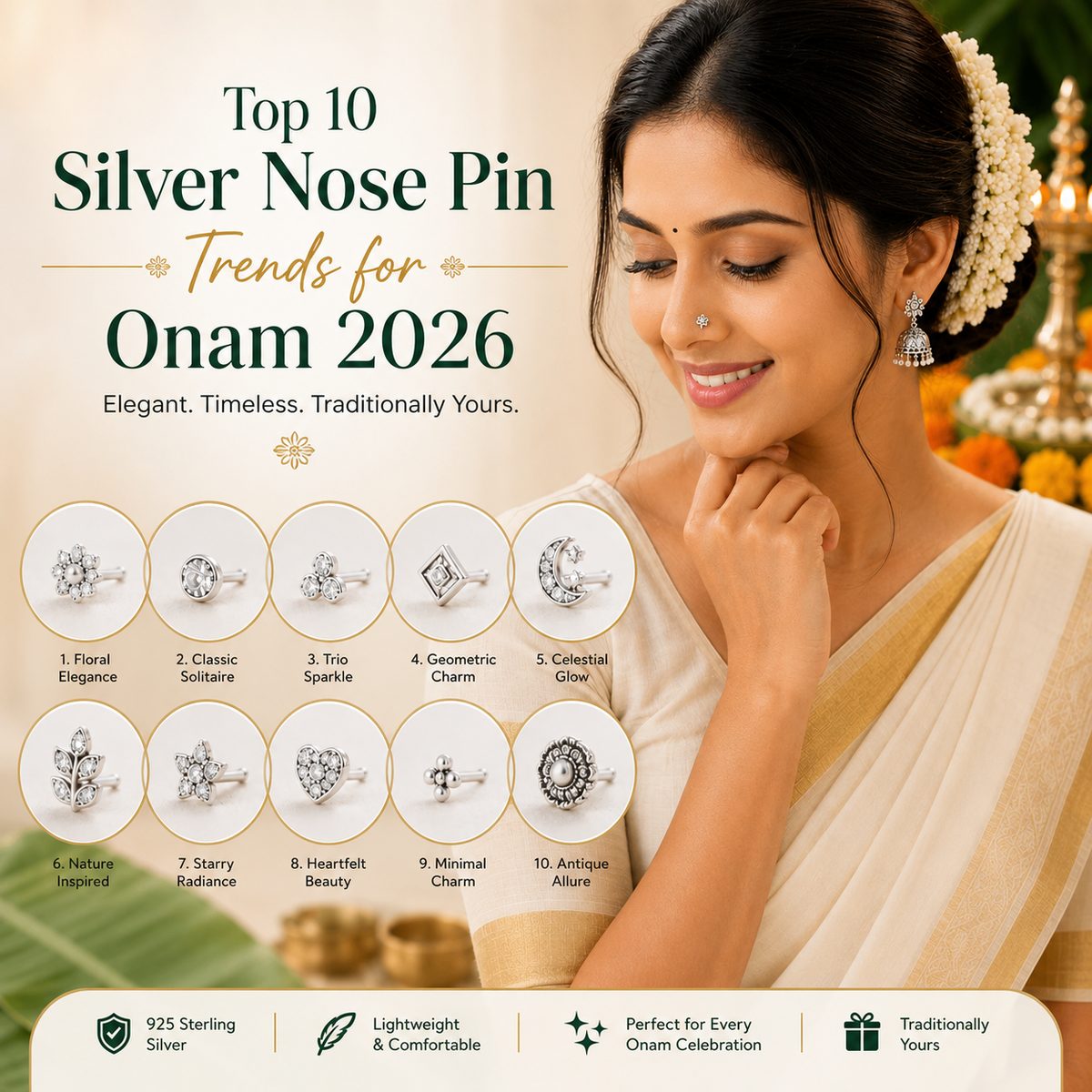 Silver nose pin trends for Onam 2026 by Mooneye