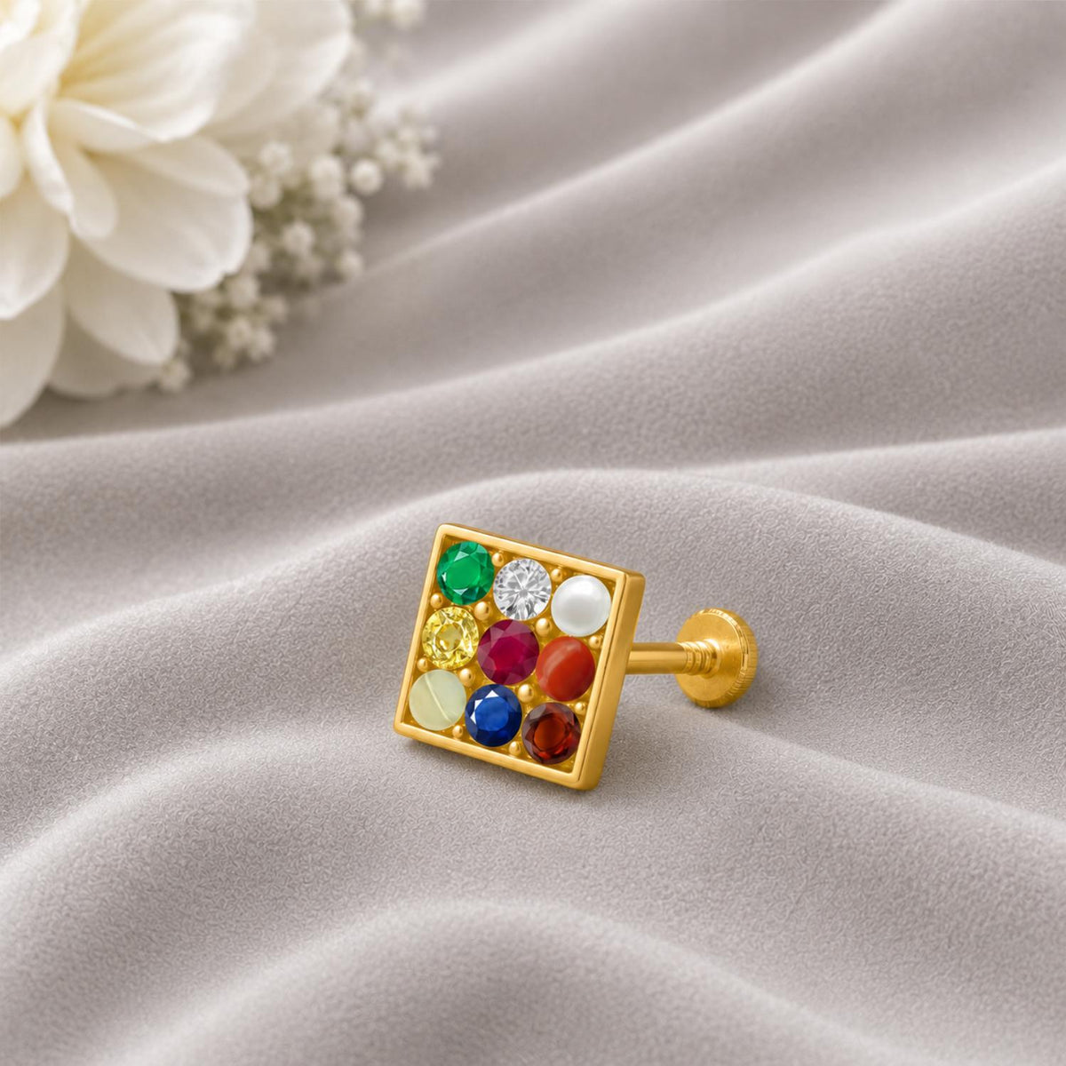 Navratna Square Multigem Nose Pin – Sterling Silver Gold Plated