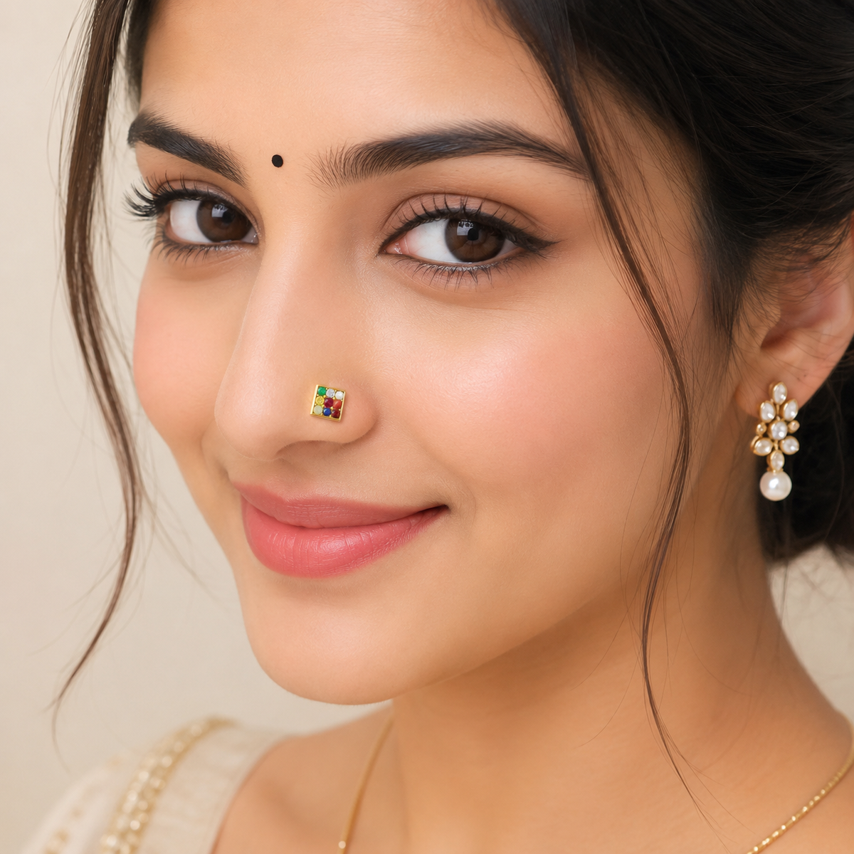 Navratna Square Multigem Nose Pin – Sterling Silver Gold Plated