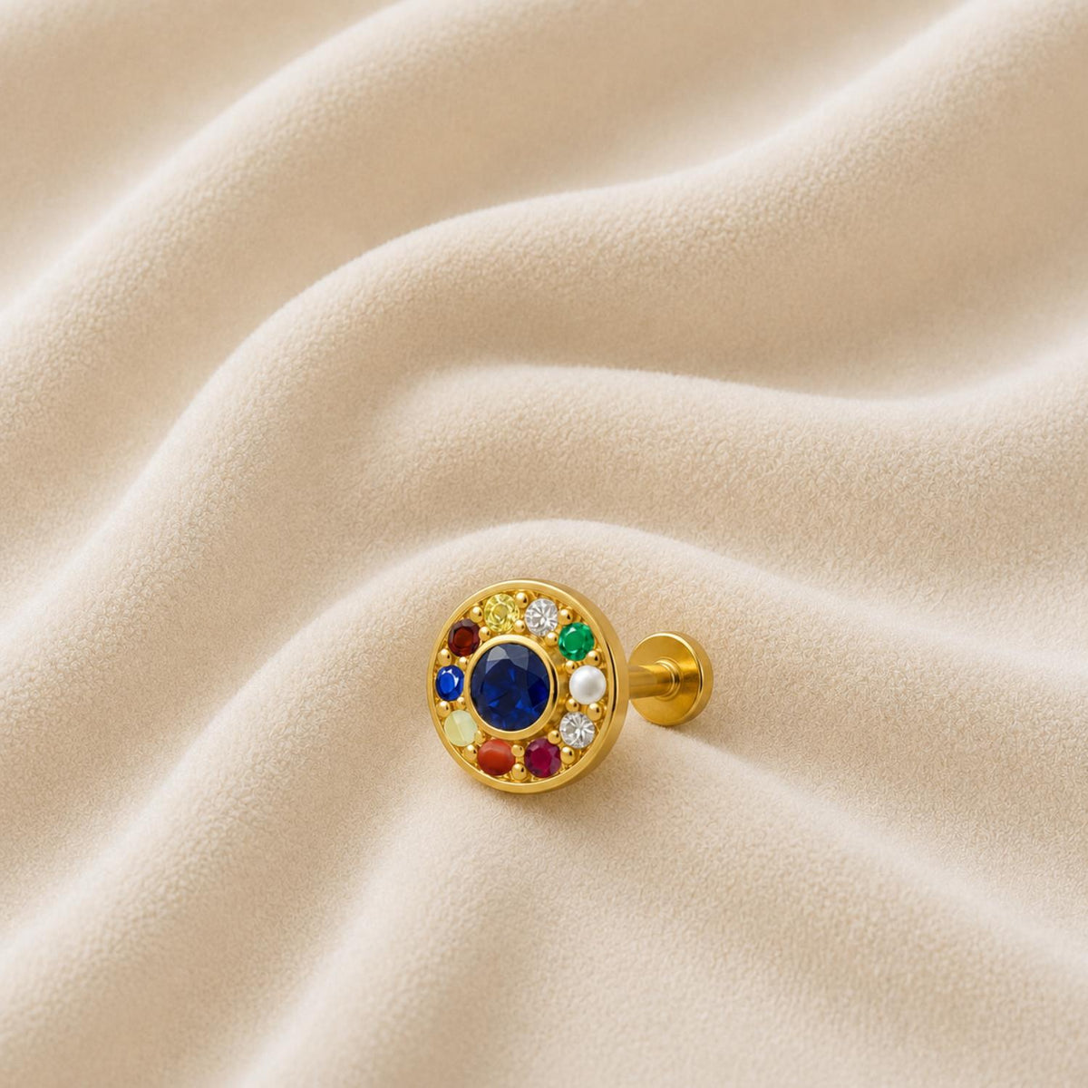 Navratna Round Multi Gemstone Nose Pin – Sterling Silver Gold Plated