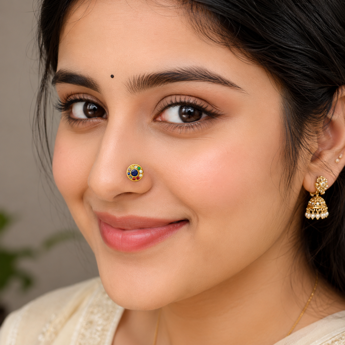 Navratna Round Multi Gemstone Nose Pin – Sterling Silver Gold Plated