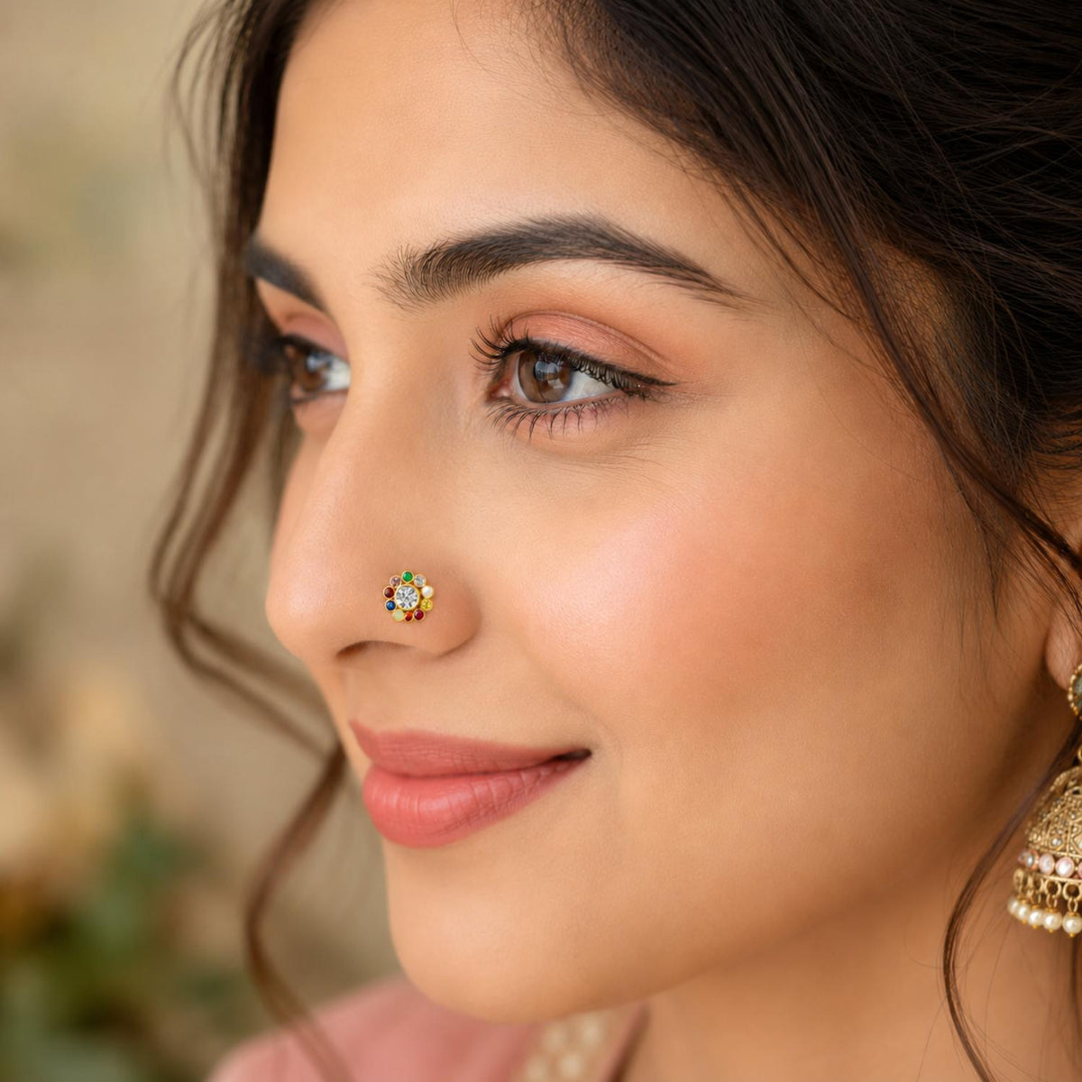 Navratna Floral Round Multigem Nose Pin – Sterling Silver Gold Plated