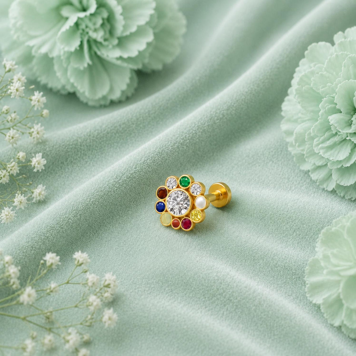 Navratna Floral Round Multigem Nose Pin – Sterling Silver Gold Plated