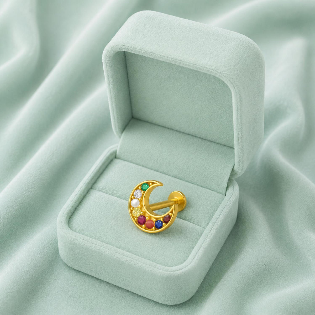 Crescent Moon Multigems Nose Pin – Sterling Silver Gold Plated