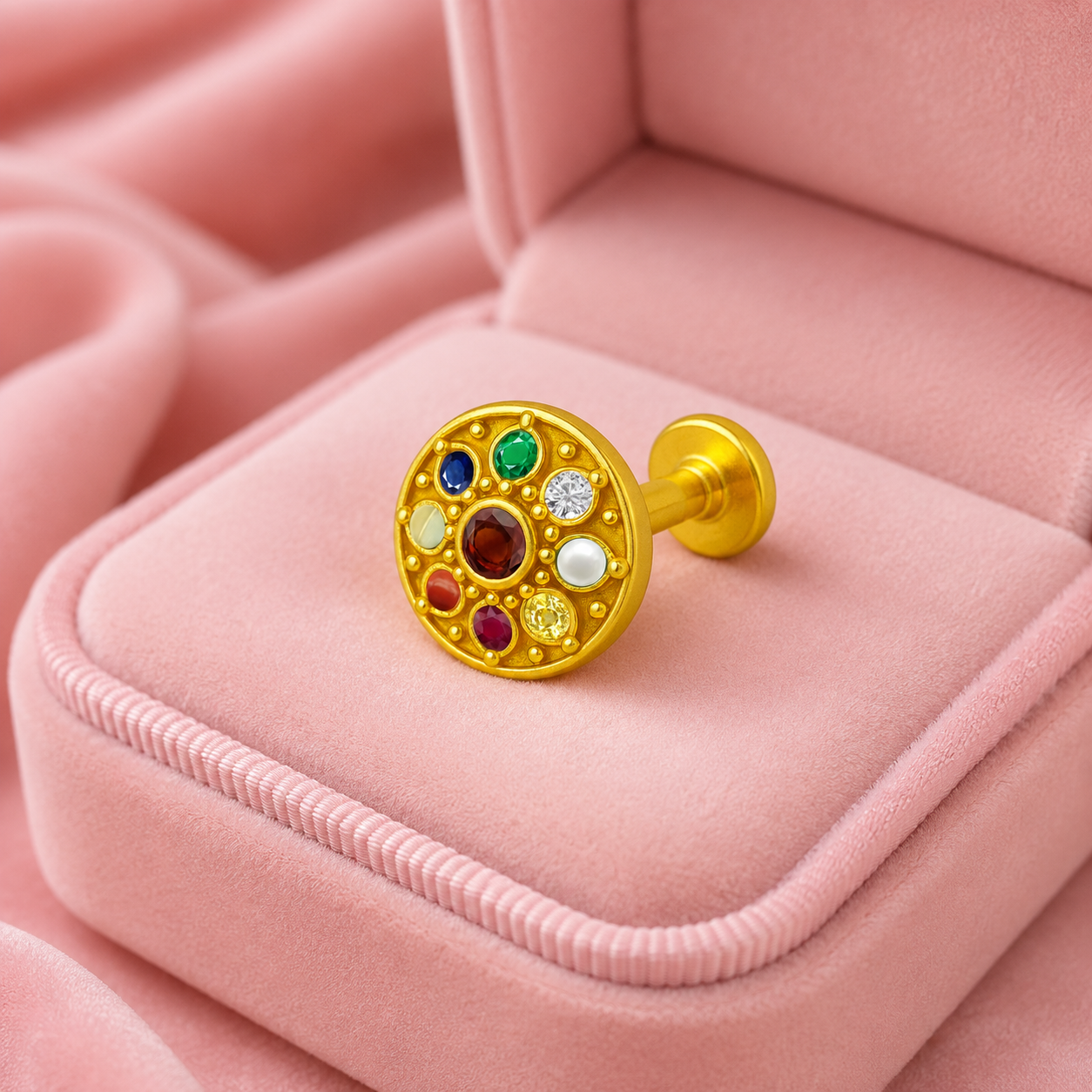 Navratna Round Mandala Multigems Nose Pin – Sterling Silver Gold Plated
