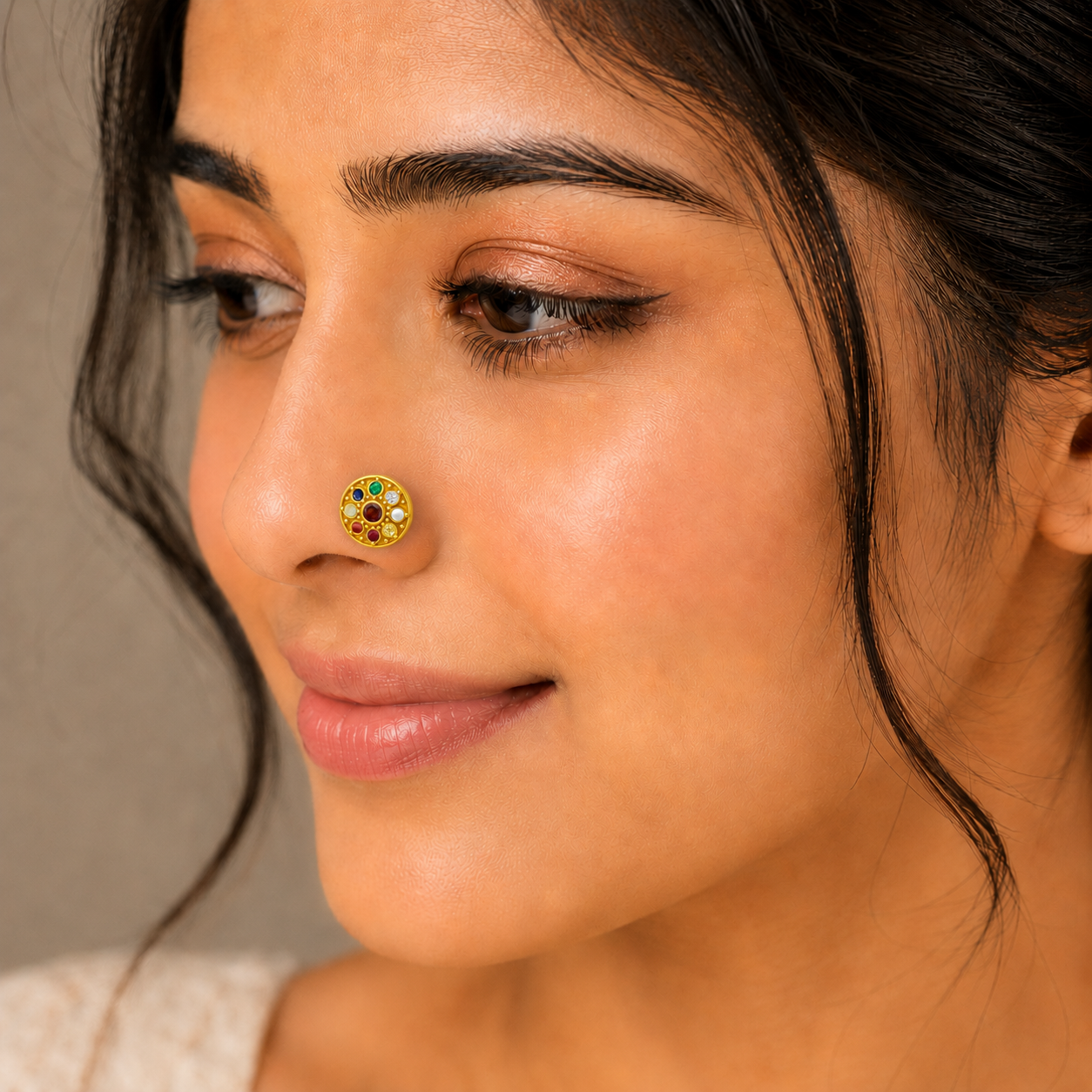 Navratna Round Mandala Multigems Nose Pin – Sterling Silver Gold Plated
