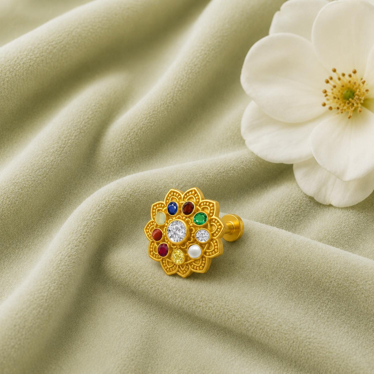 Navratna Lotus Floral Multi Gemstone Nose Pin – Sterling Silver Gold Plated