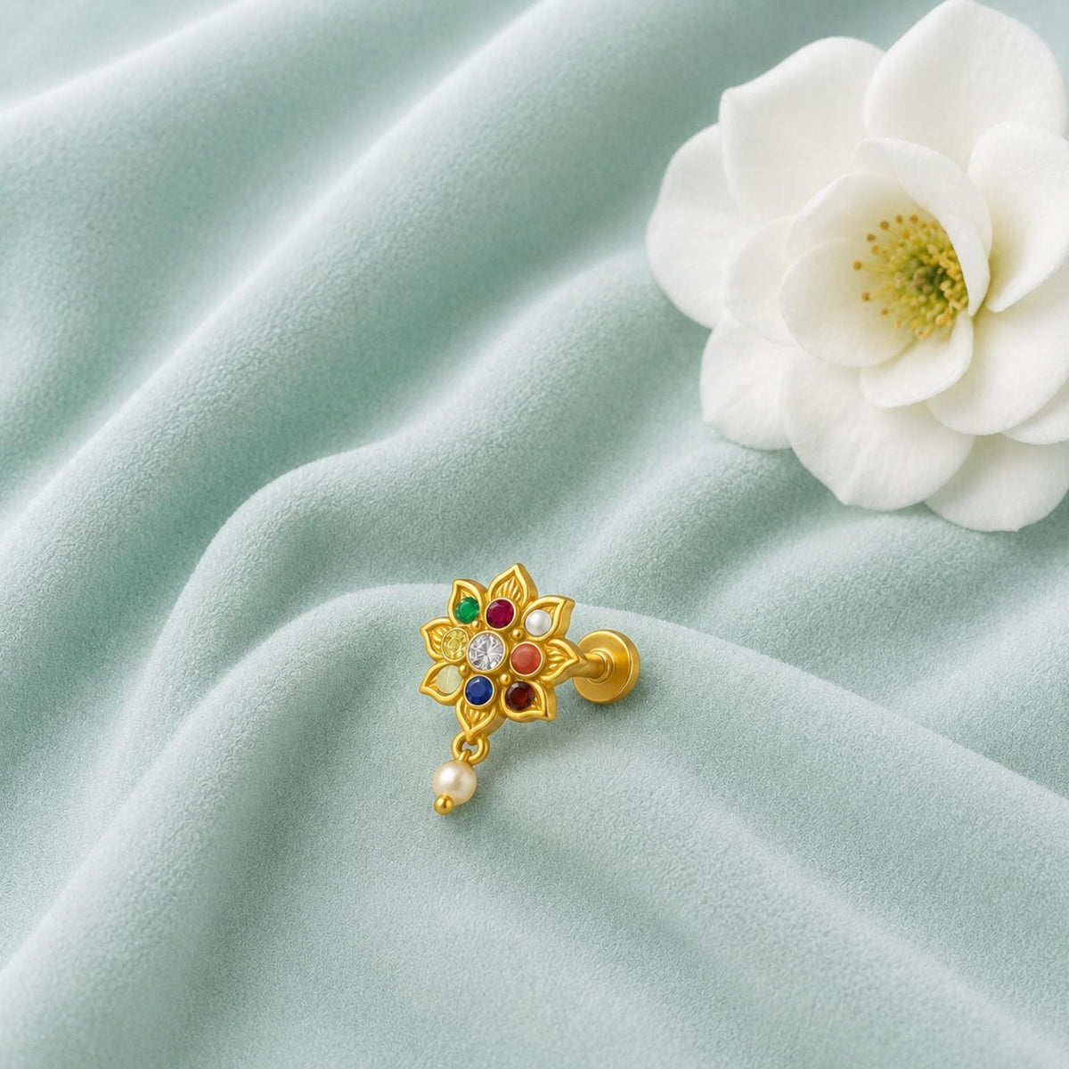 Navratna Lotus Floral Design with Pearl Drop Nose Pin – Sterling Silver Gold Plated