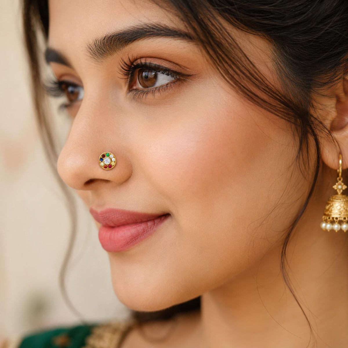 Navratna Classic Round Multi Gemstone Nose Pin – Sterling Silver Gold Plated