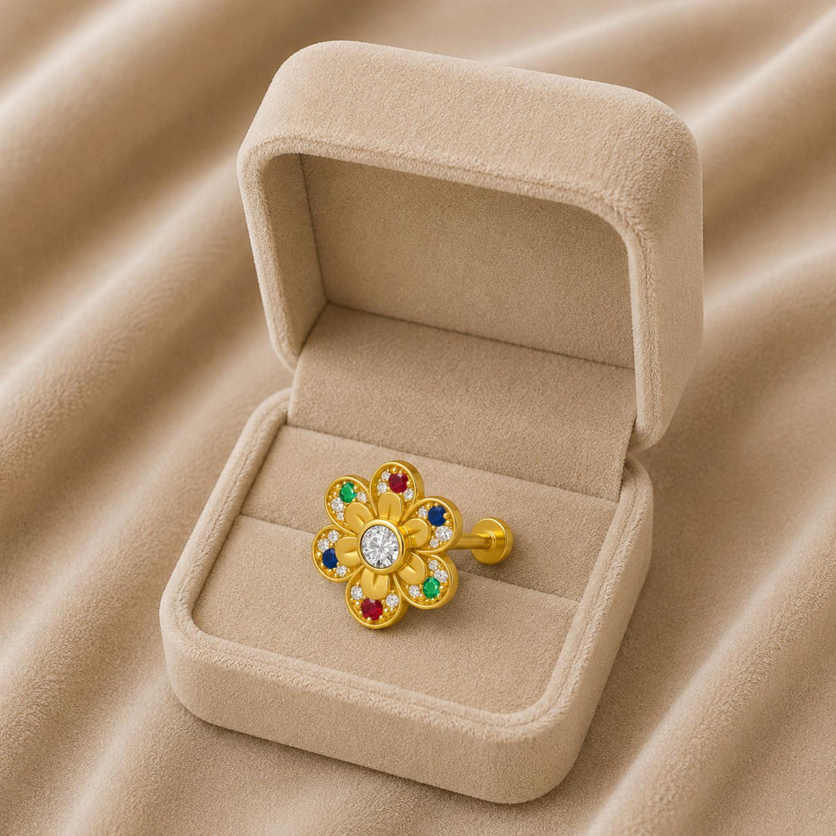 Navratna Floral Colorful Petal Design Nose Pin – Sterling Silver Gold Plated
