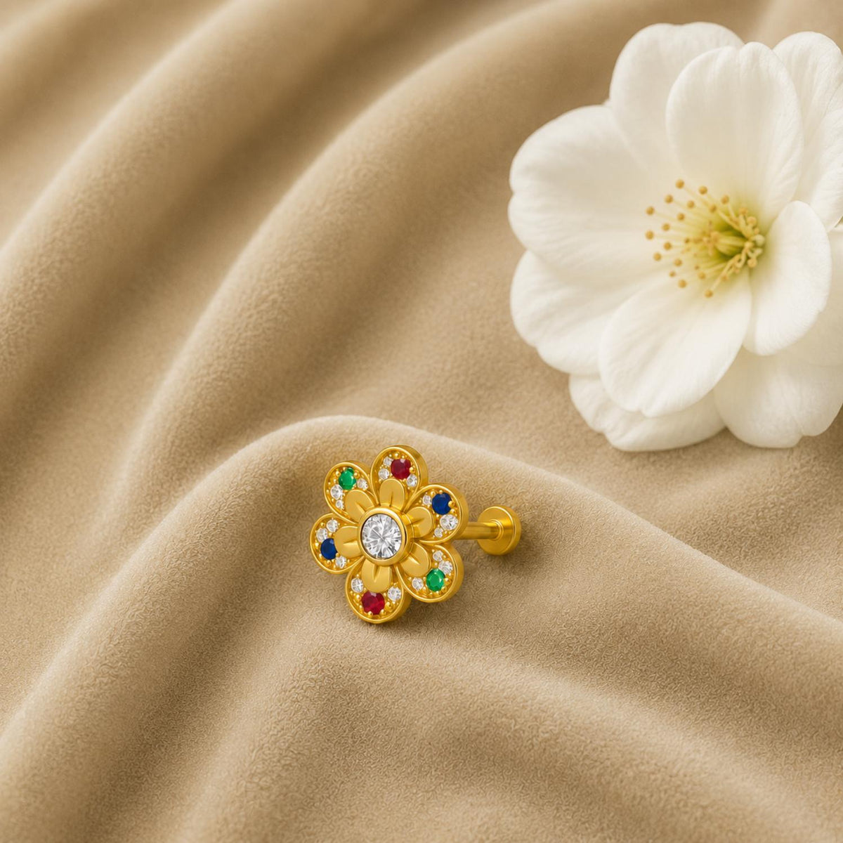 Navratna Floral Colorful Petal Design Nose Pin – Sterling Silver Gold Plated
