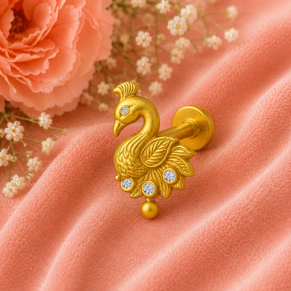 White CZ Peacock Nose Pin – Sterling Silver Gold Plated