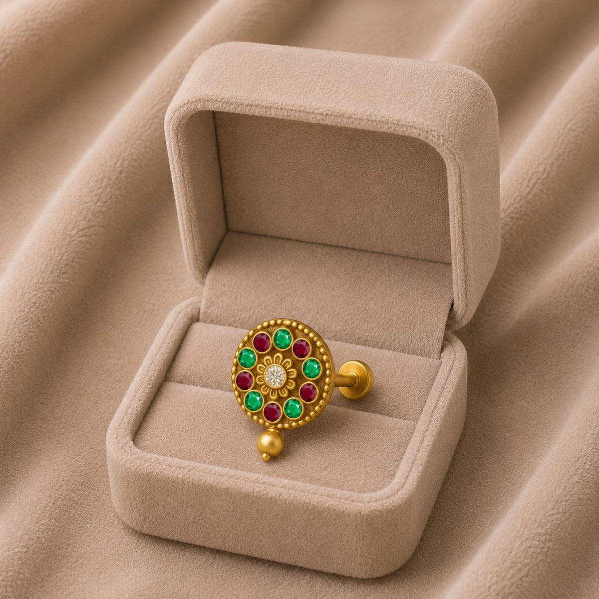 Red-Green CZ Floral Nose Pin – Sterling Silver Gold Plated