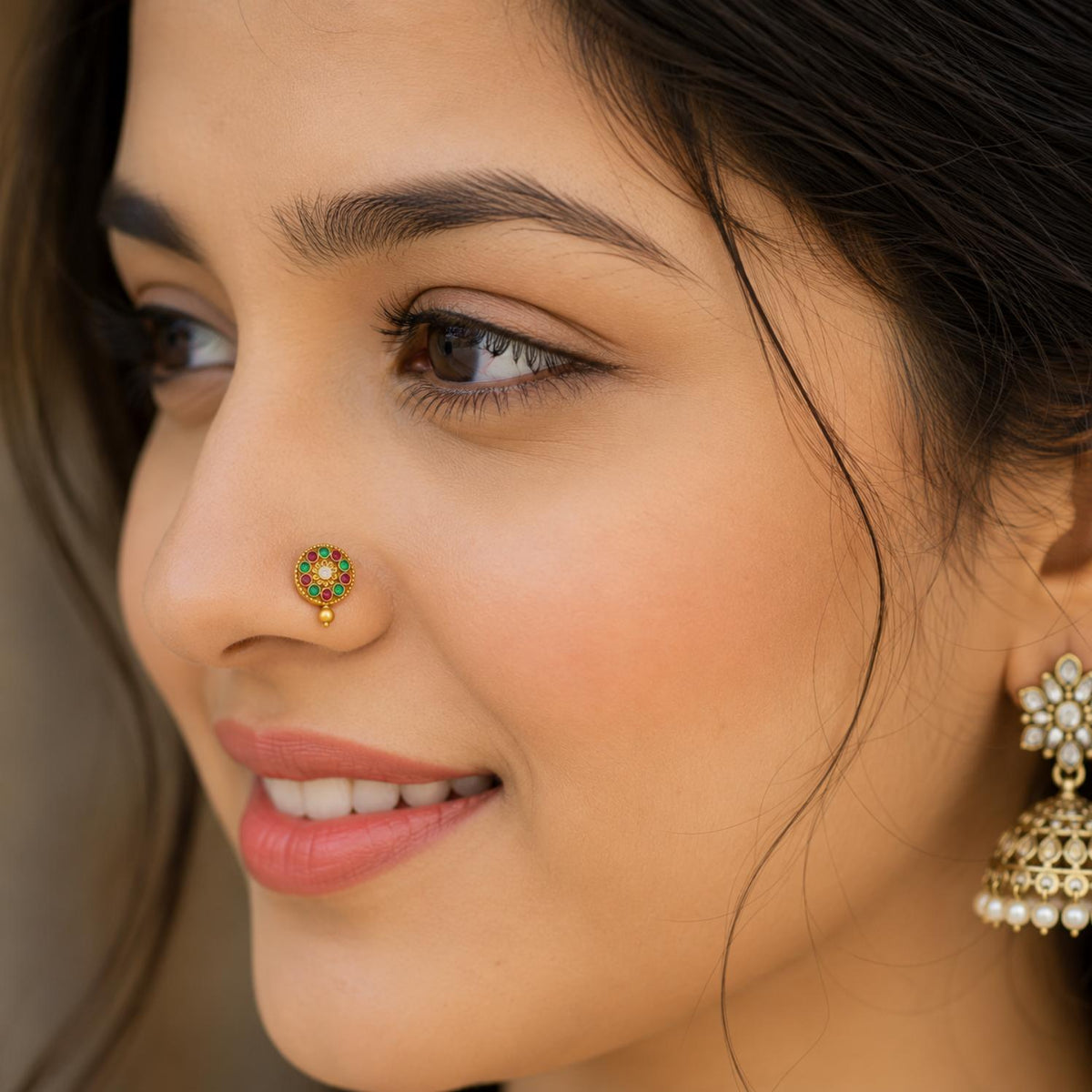 Red-Green CZ Floral Nose Pin – Sterling Silver Gold Plated