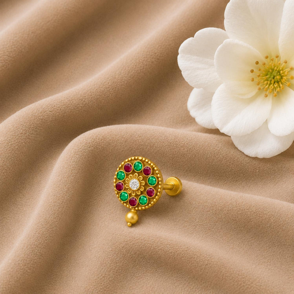 Red-Green CZ Floral Nose Pin – Sterling Silver Gold Plated