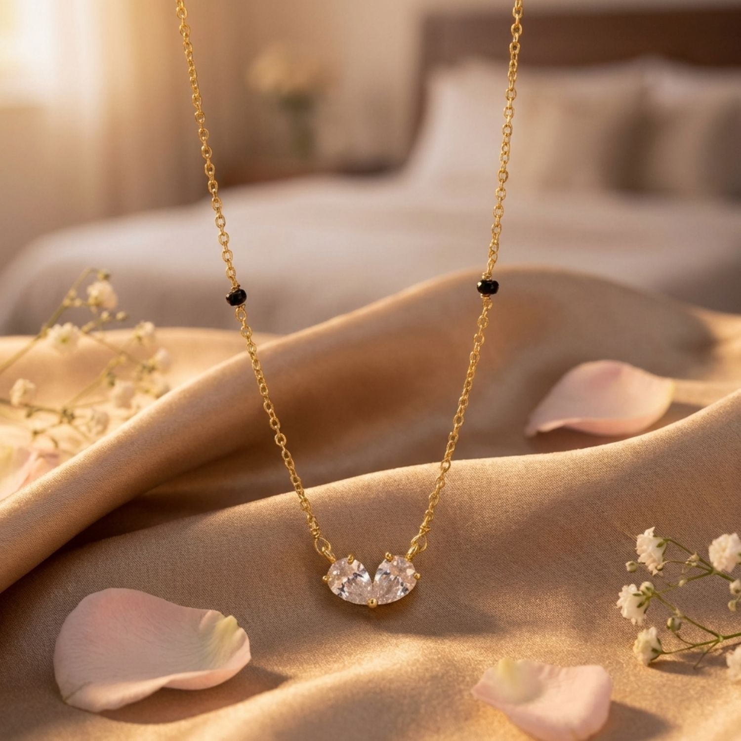Twin Pear Butterfly Pendant Mangalsutra – Sterling Silver Gold Plated