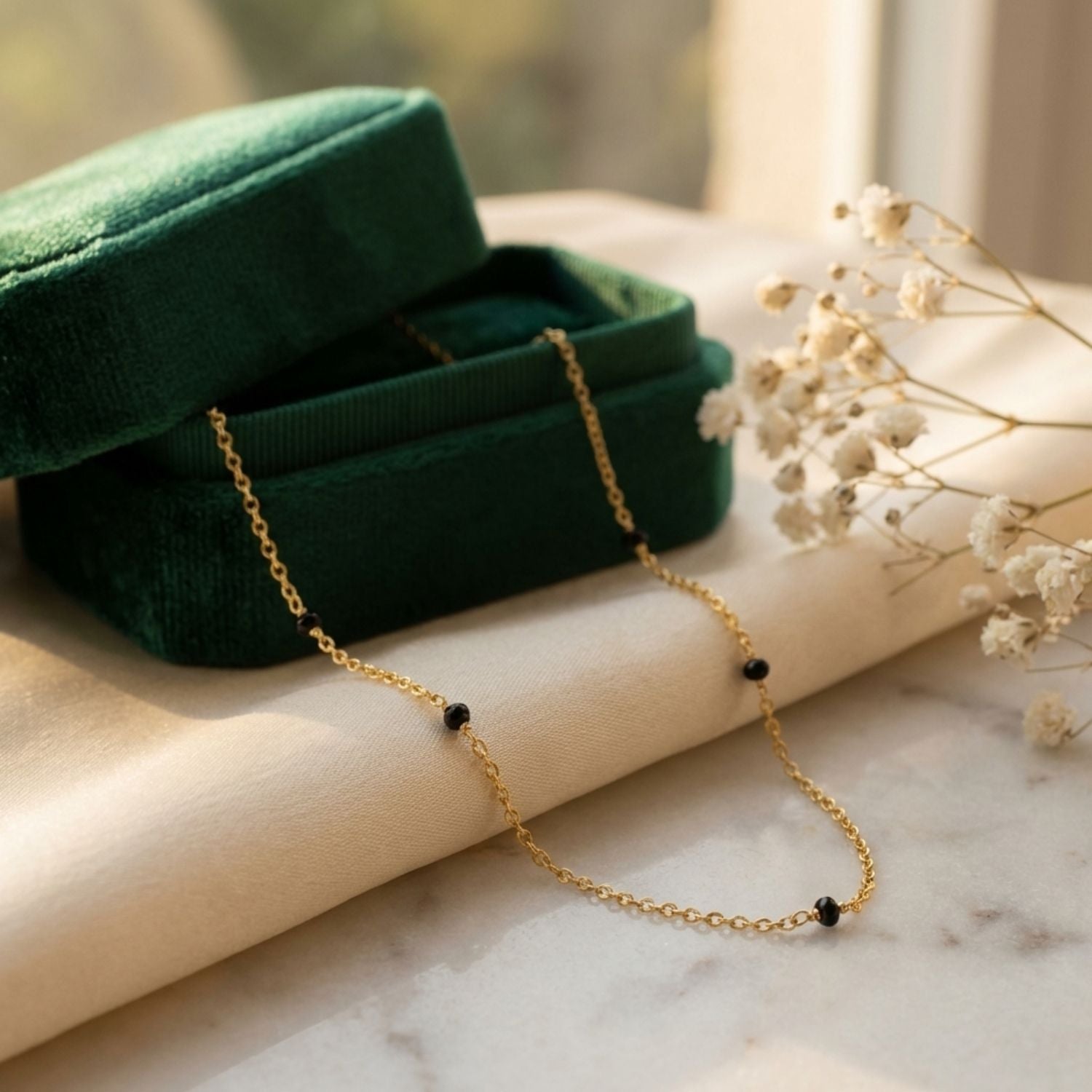Minimal Black Bead Chain Mangalsutra – Sterling Silver Gold Plated