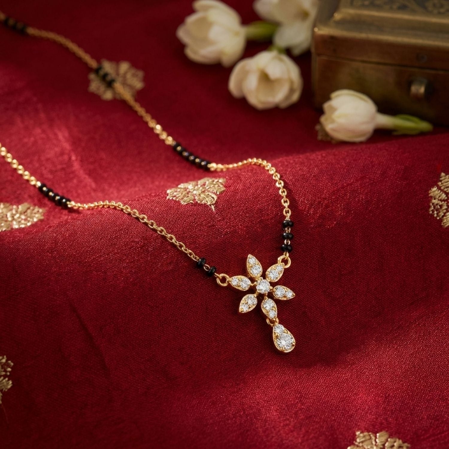 Floral Drop Mangalsutra – Sterling Silver Gold Plated