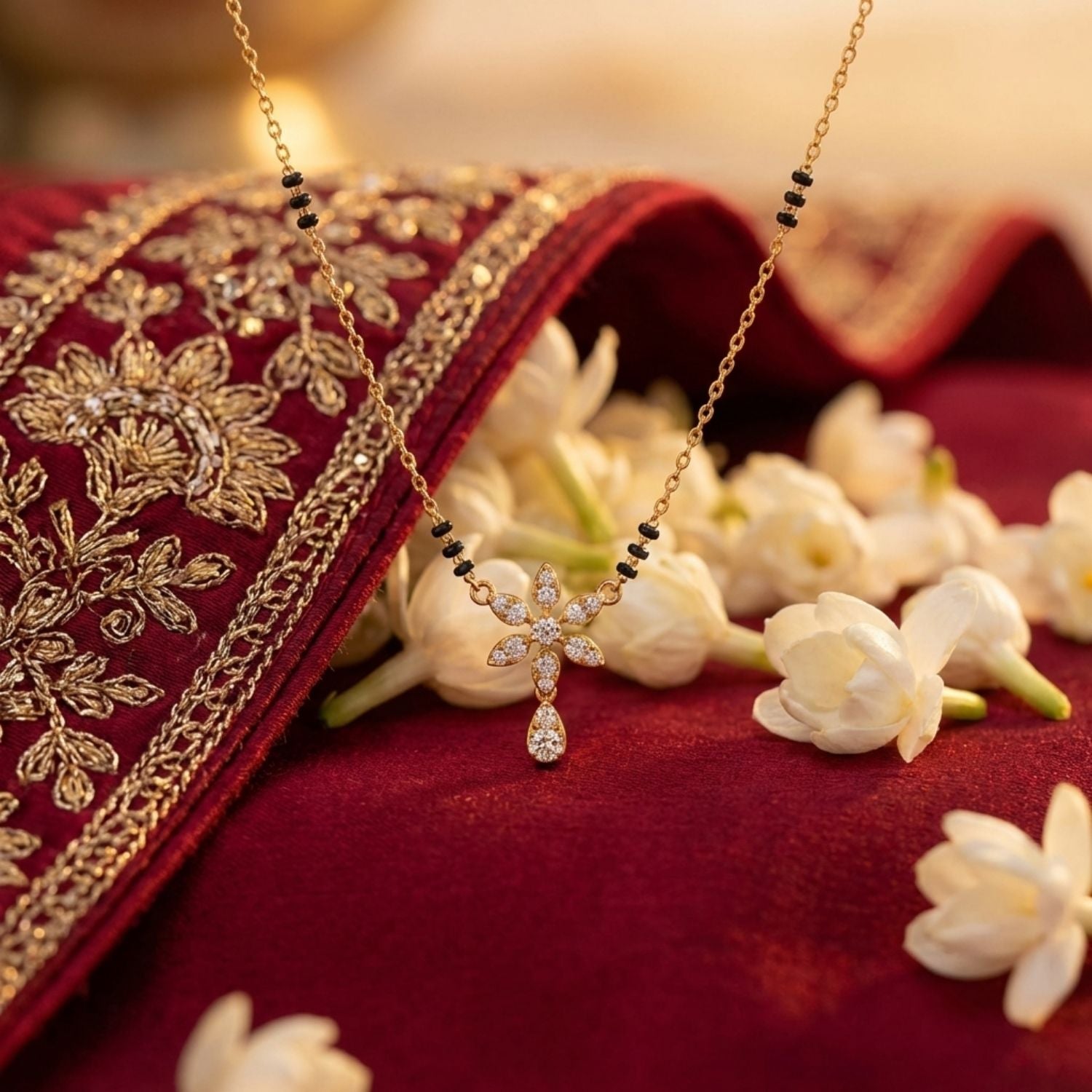 Floral Drop Mangalsutra – Sterling Silver Gold Plated