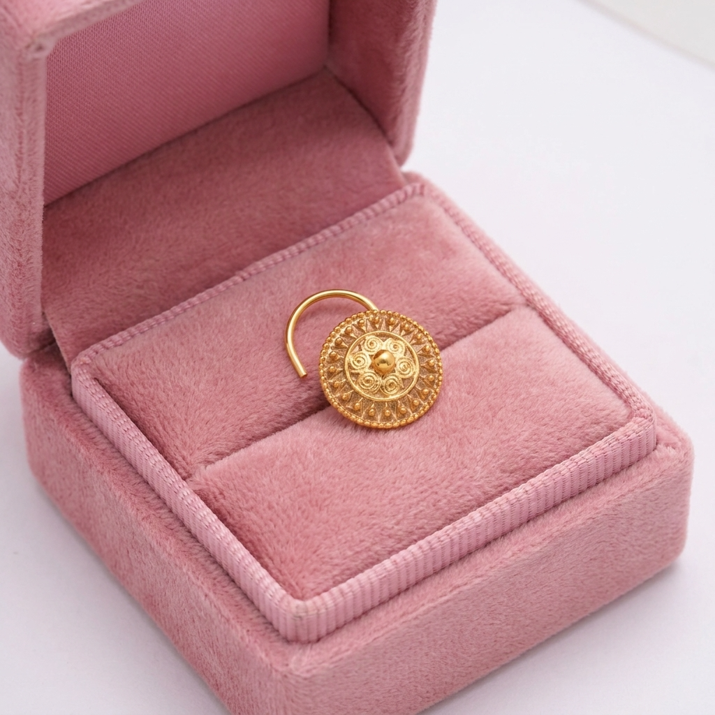 Traditional Circular Ethnic Antique Mandala Nose Pin – 925 Sterling Silver Yellow Plated