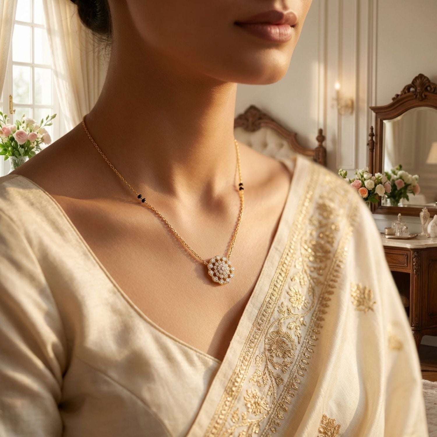 Floral Cluster Mangalsutra – Sterling Silver Gold Plated