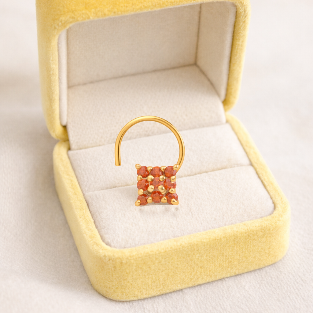 Multi Stone Square Design Nose Pin - Gold Plated 925 Silver