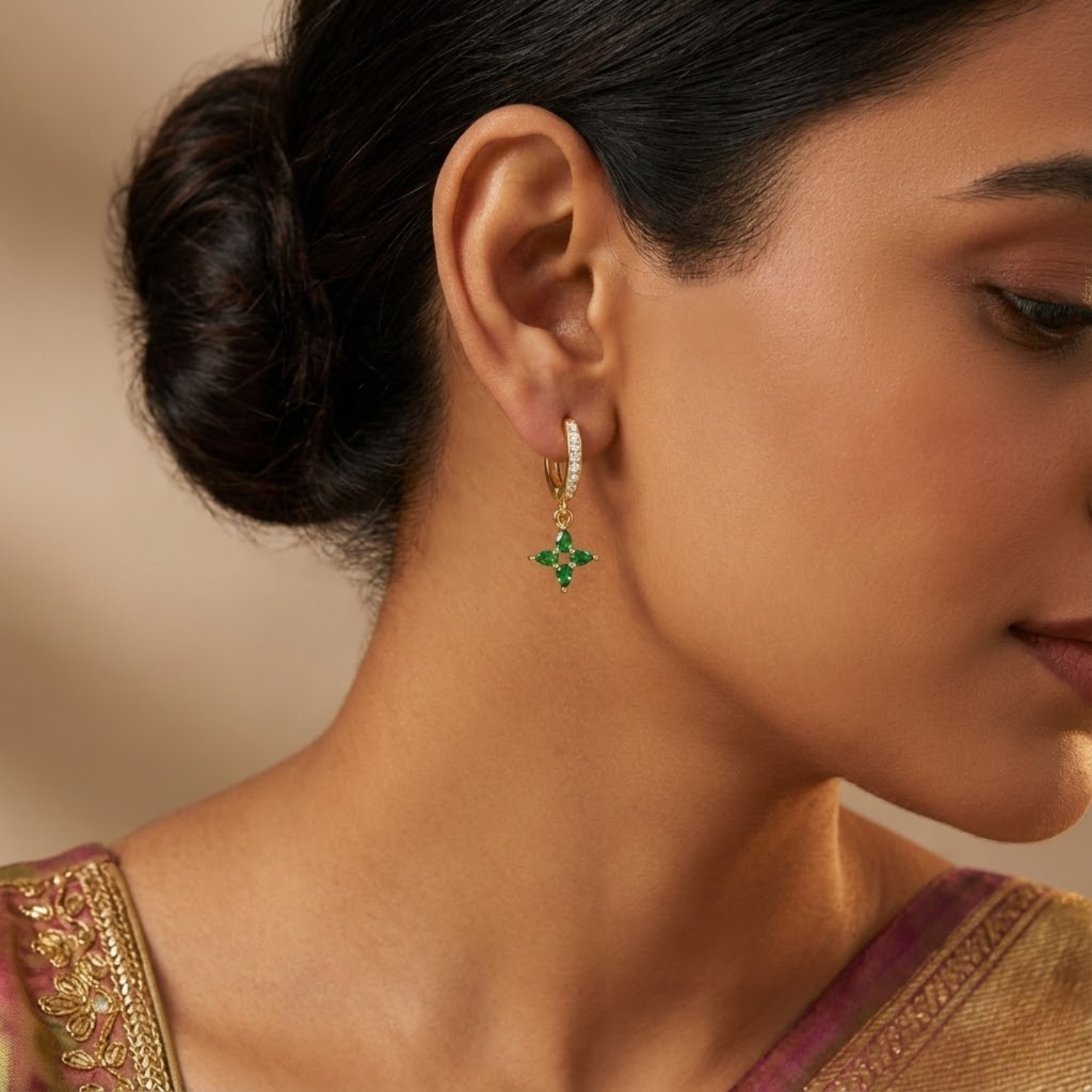 Emerald Floral Dangle Hoop Earrings – Sterling Silver Gold Plated