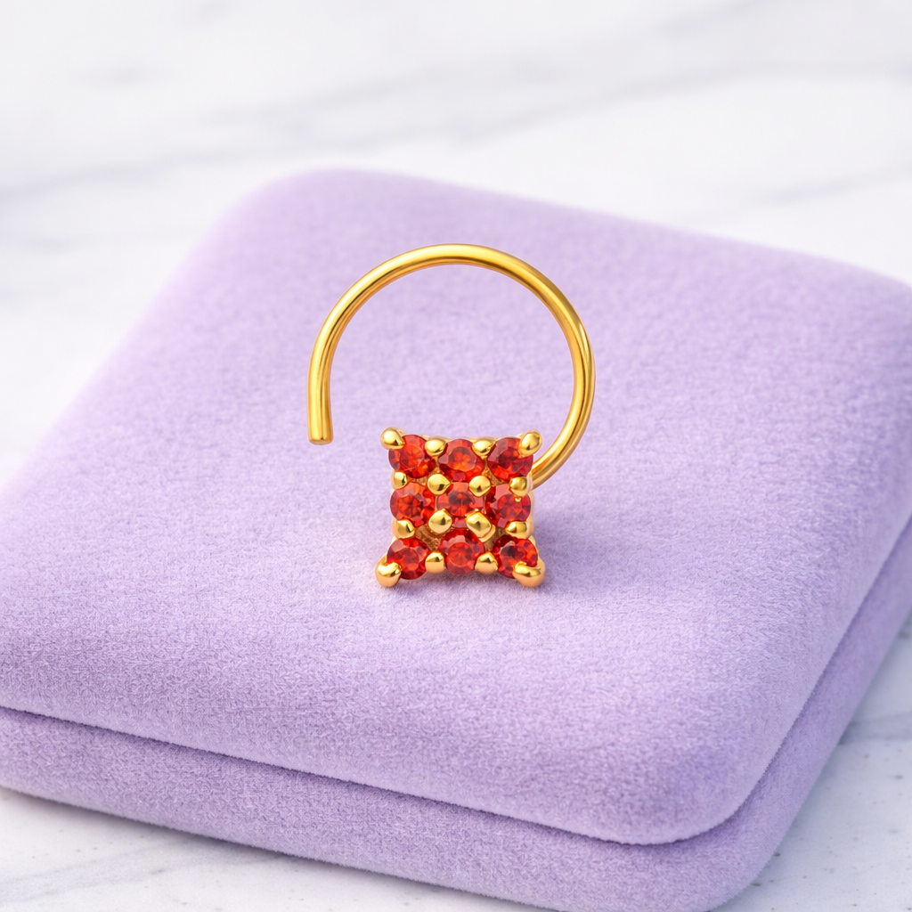 Multi Stone Square Design Nose Pin - Gold Plated 925 Silver