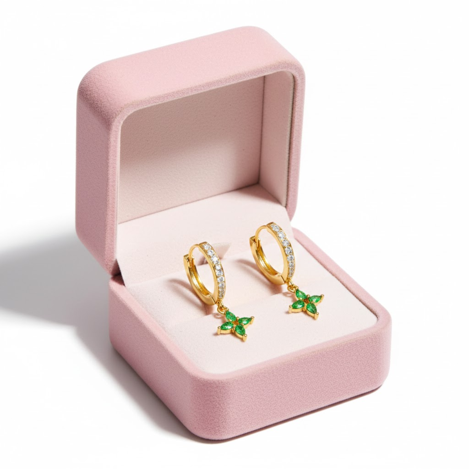 Emerald Floral Dangle Hoop Earrings – Sterling Silver Gold Plated