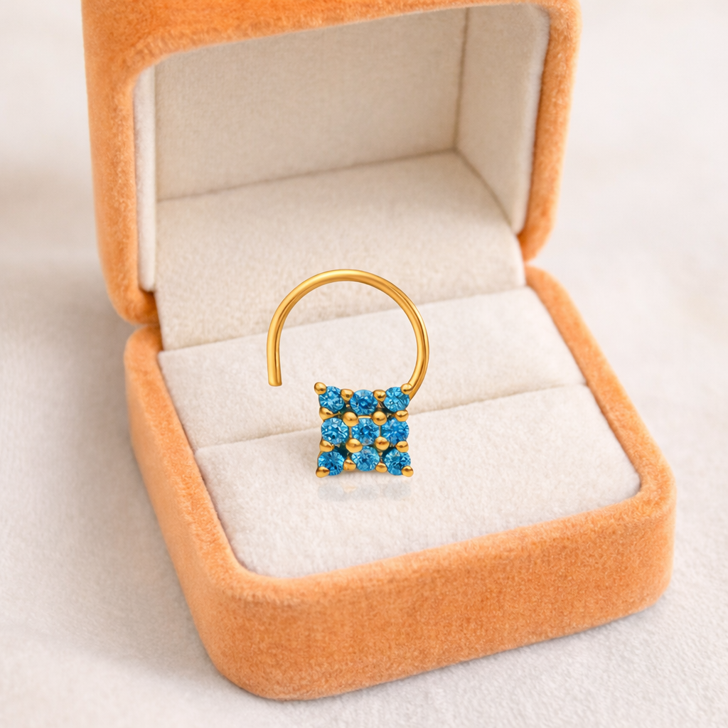 Multi Stone Square Design Nose Pin - Gold Plated 925 Silver