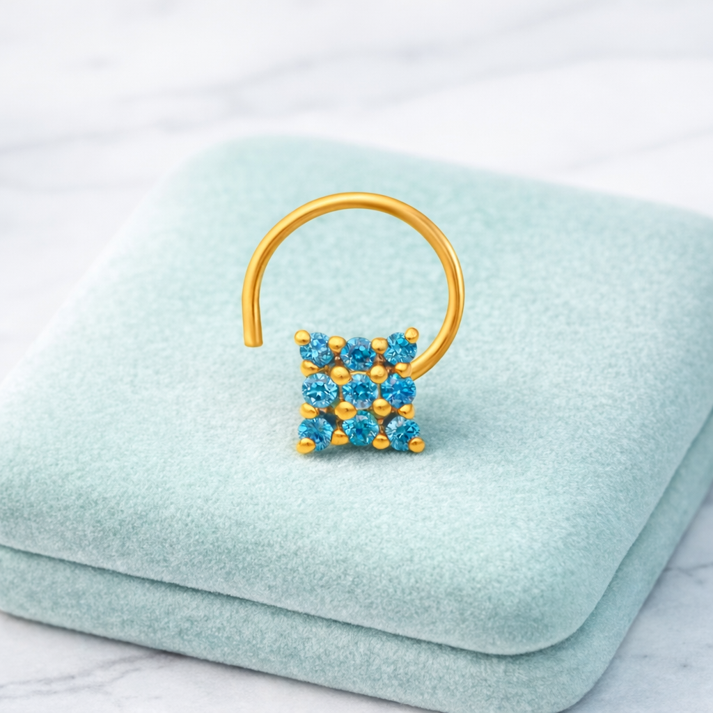 Multi Stone Square Design Nose Pin - Gold Plated 925 Silver