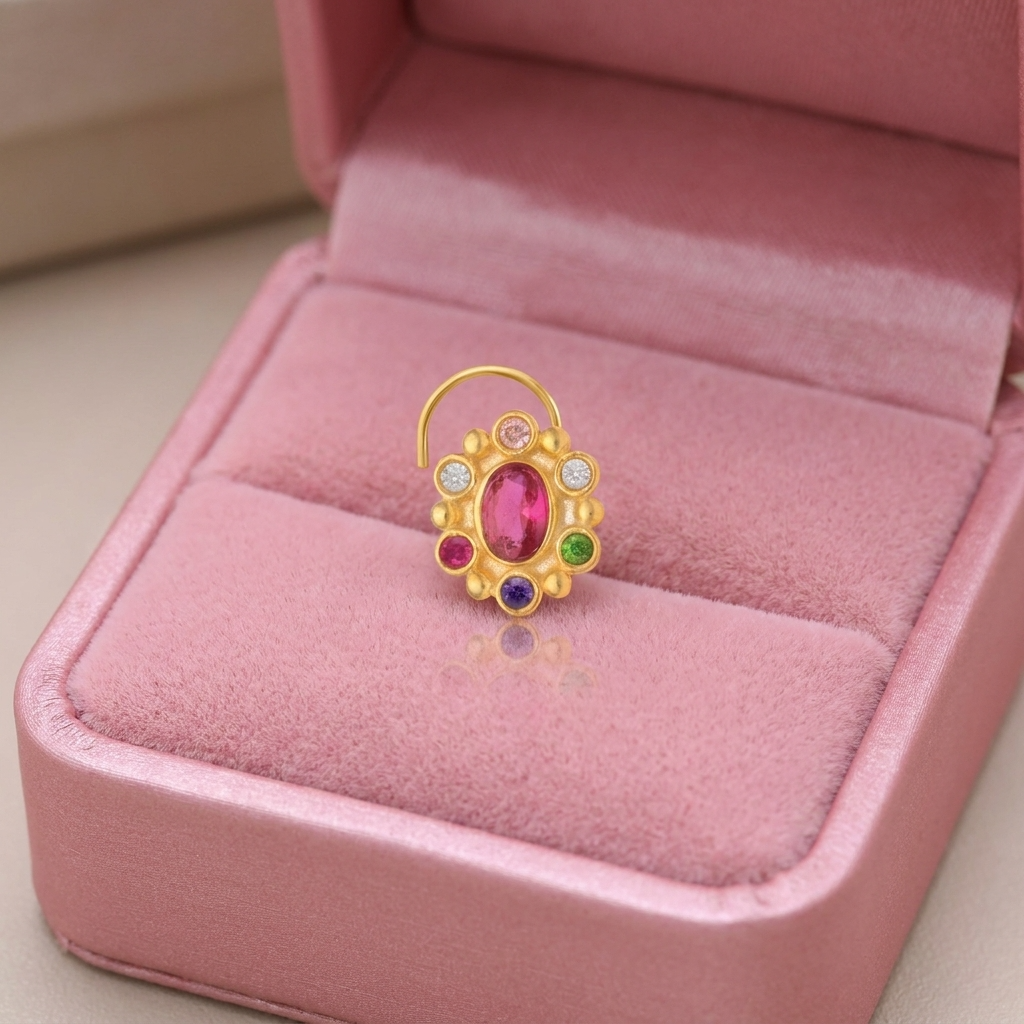 Multi Stone Oval Center Halo Floral Nose Pin – Gold Plated 925 Sterling Silver