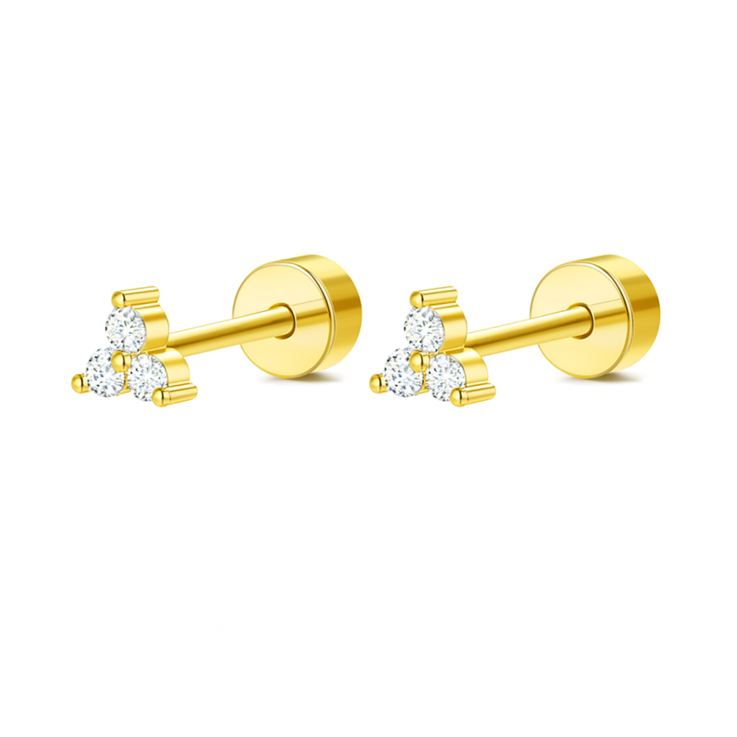 Triple Diamond Cluster Screw-Back Stud Earrings – Sterling Silver Gold Plated