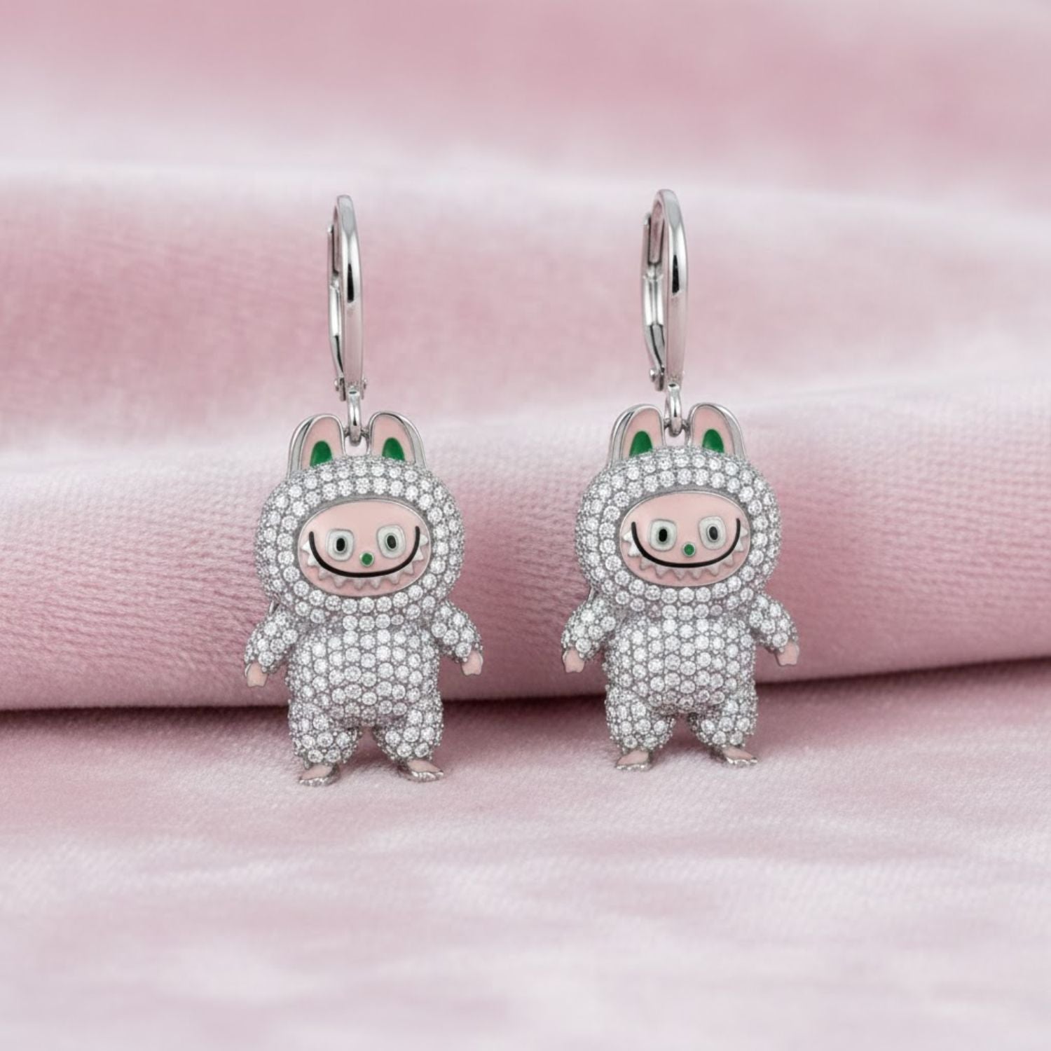 White CZ Labubu Doll Dangle Earrings - Sterling Silver