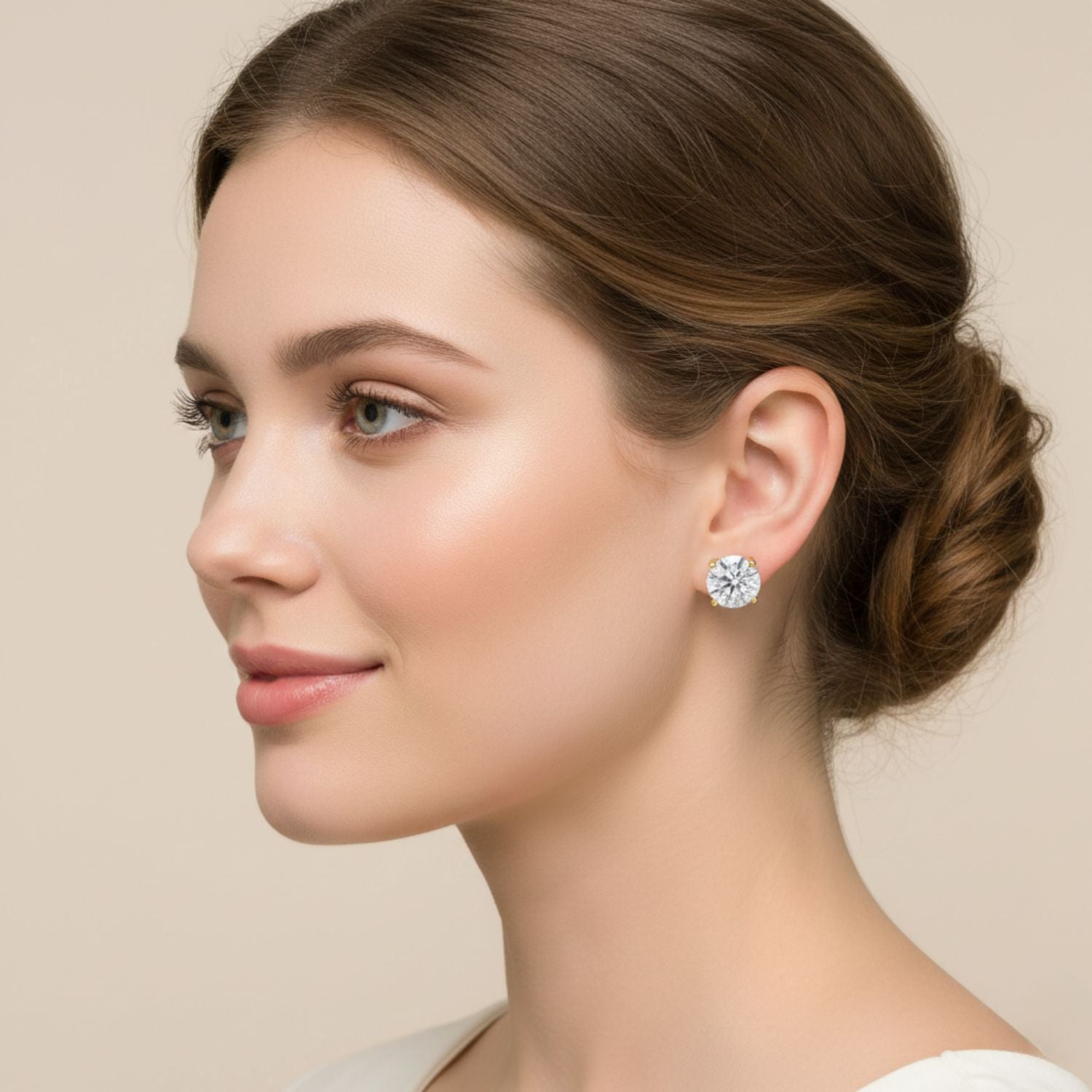 White CZ Round Stud Earrings - Sterling Silver Yellow plated