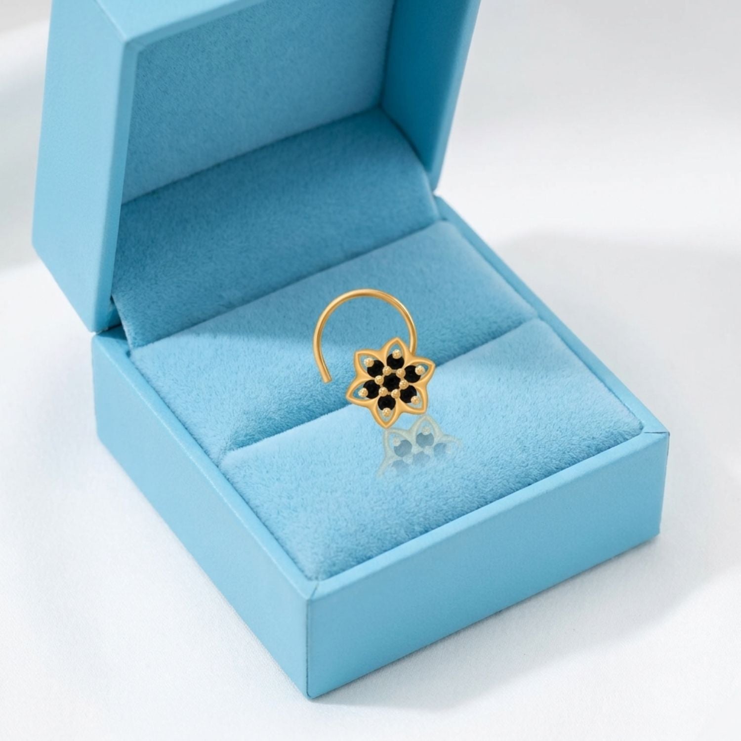Black CZ Floral Star Cluster Nose Pin – 925 Sterling Silver Yellow Plated