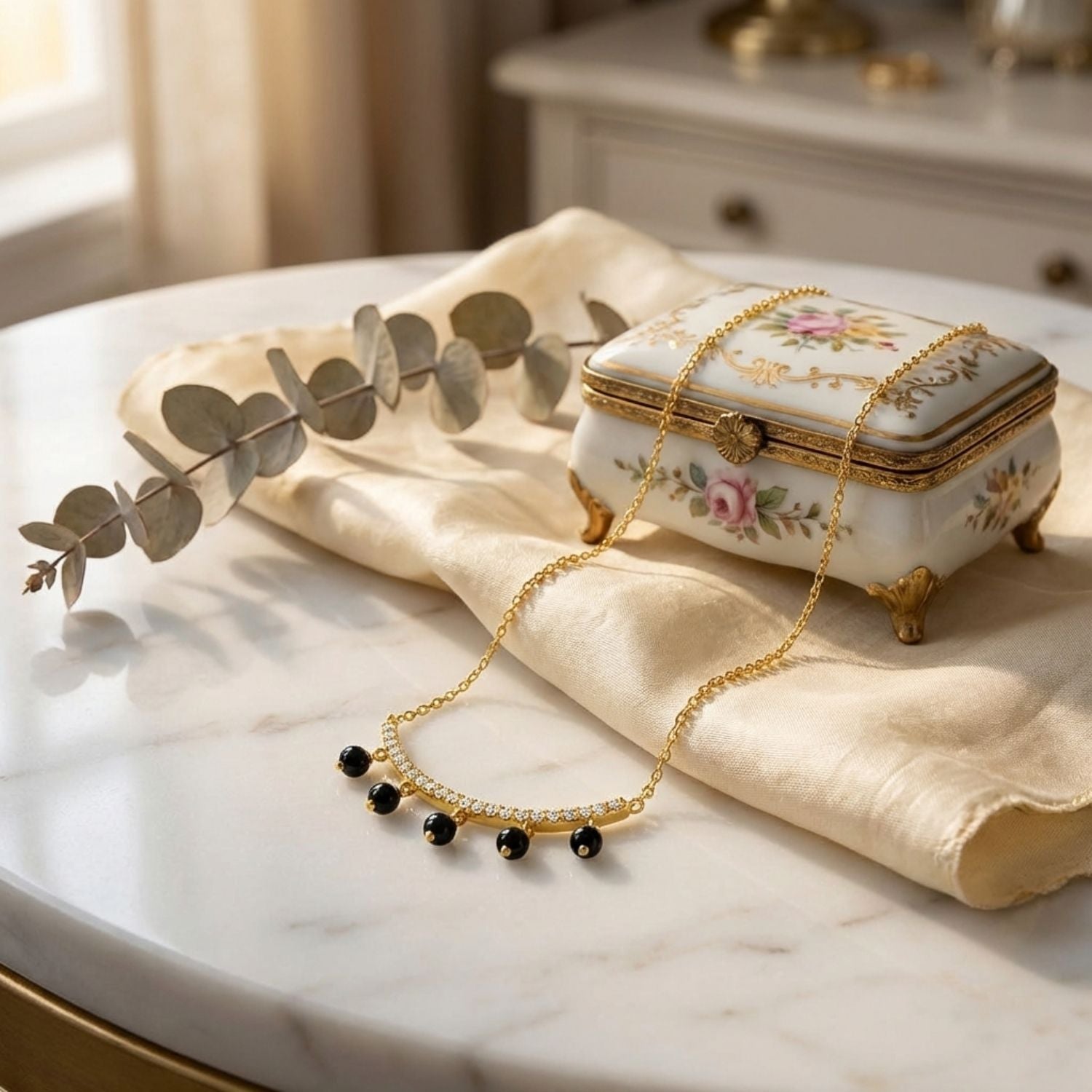 Curved Bar Hanging Black Beads Mangalsutra – Sterling Silver Gold Plated
