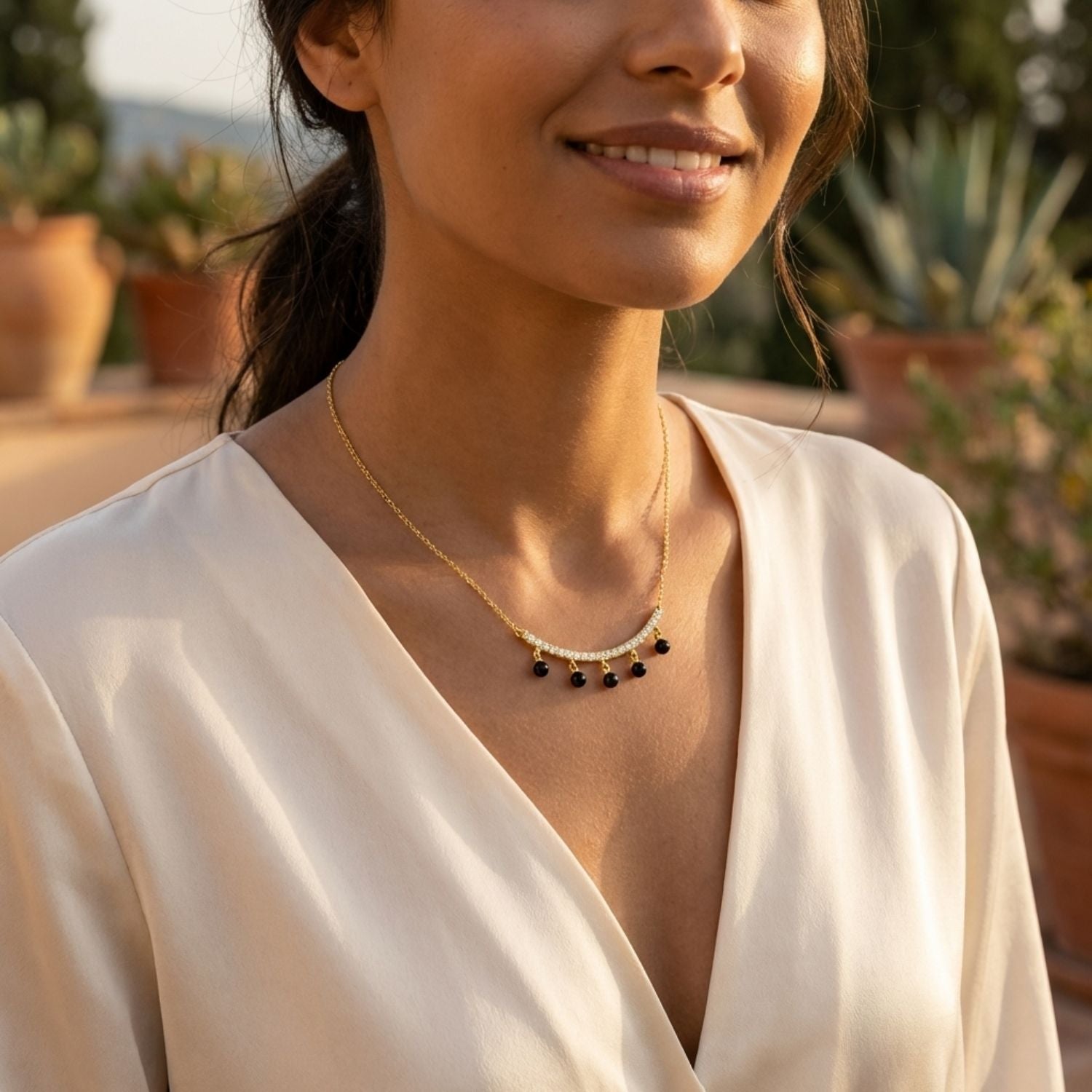 Curved Bar Hanging Black Beads Mangalsutra – Sterling Silver Gold Plated