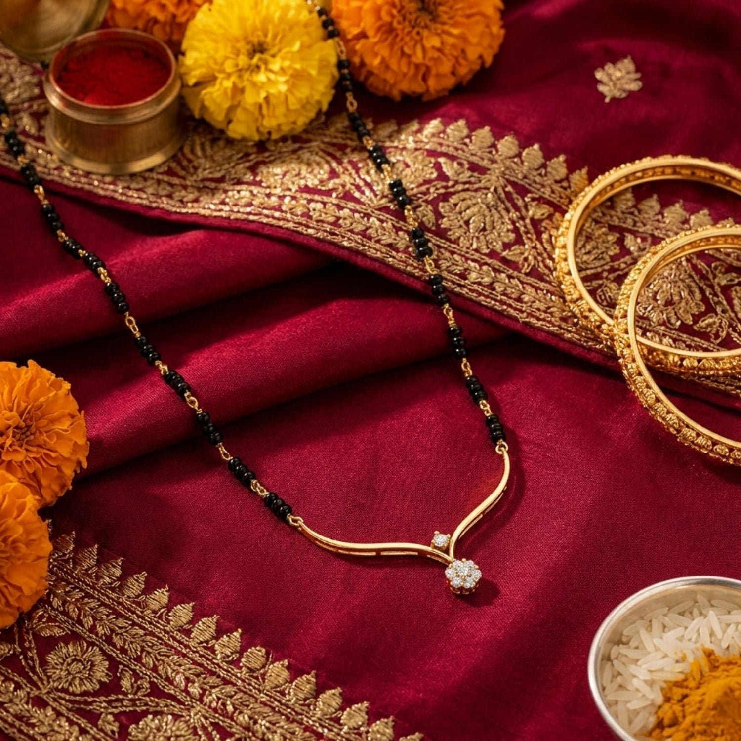V-Shaped Floral Pendant Mangalsutra – Sterling Silver Gold Plated