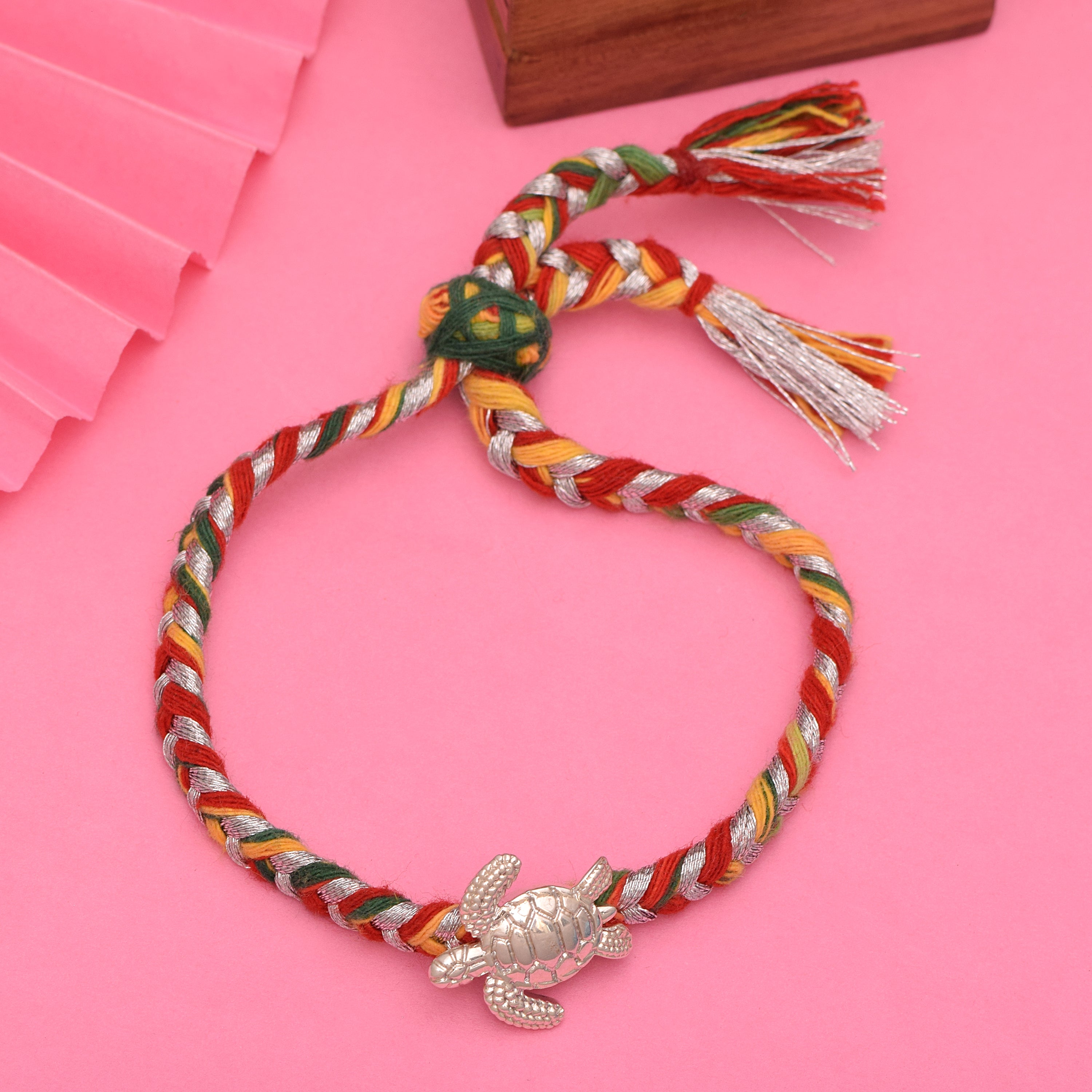 Turtle Charm Thread Rakhi Bracelet - Sterling Silver