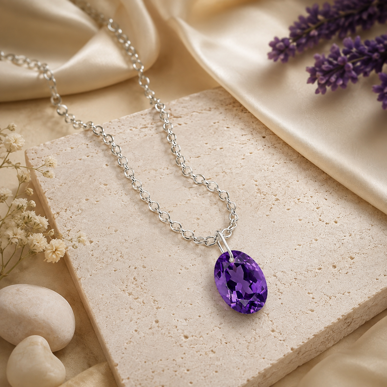 Oval Amethyst Solitaire Necklace - 925 sterling Silver