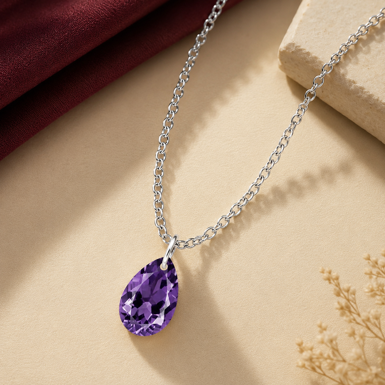 Pear Amethyst Solitaire Necklace - 925 sterling Silver