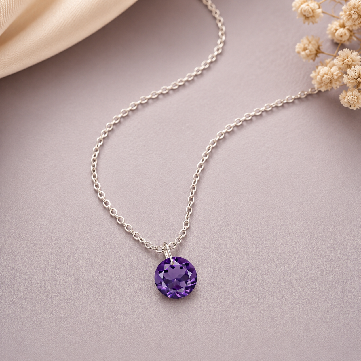 Round Amethyst Solitaire Necklace - 925 sterling Silver