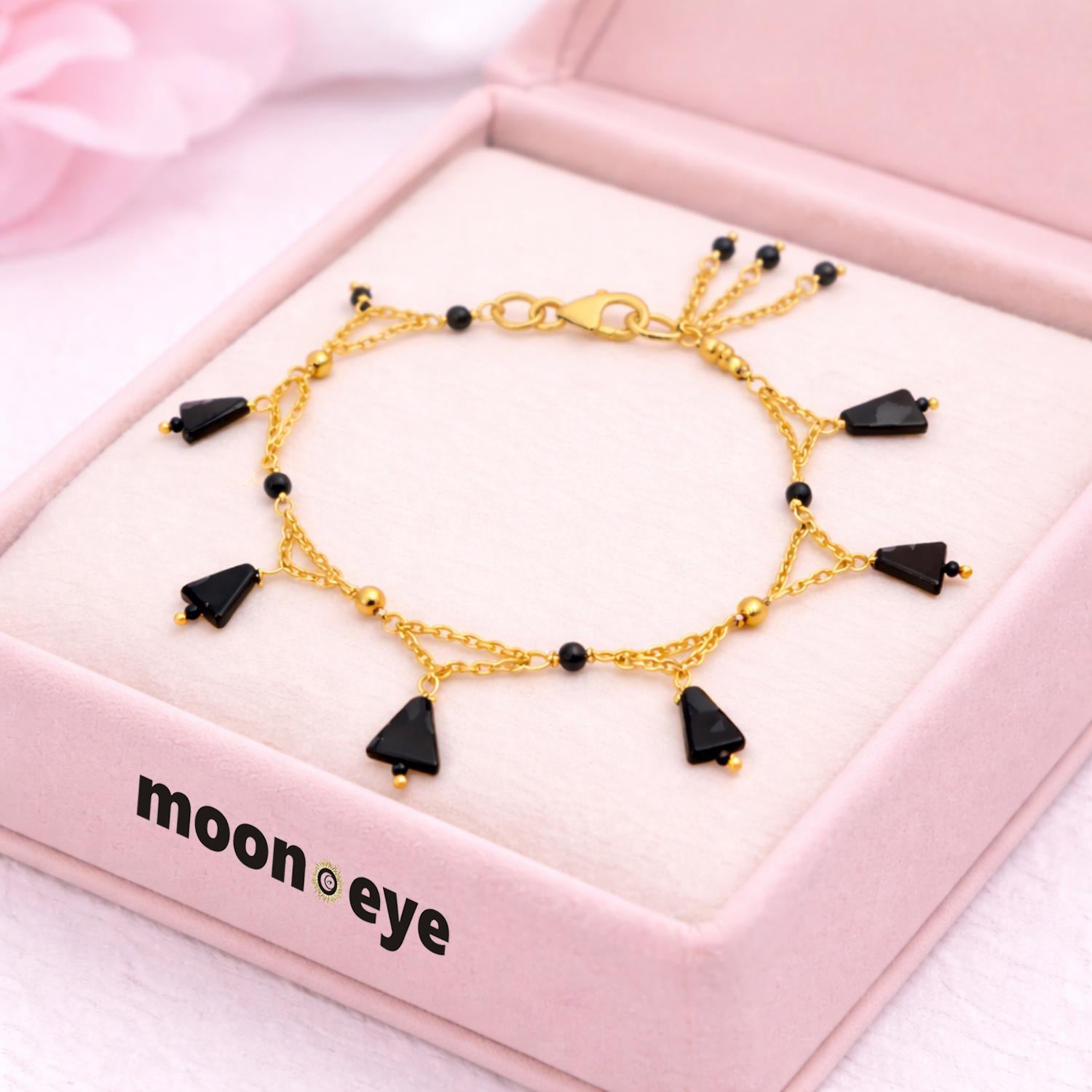 Black Bead & Triangle Charm Bracelet - 925 Silver Gold Plated