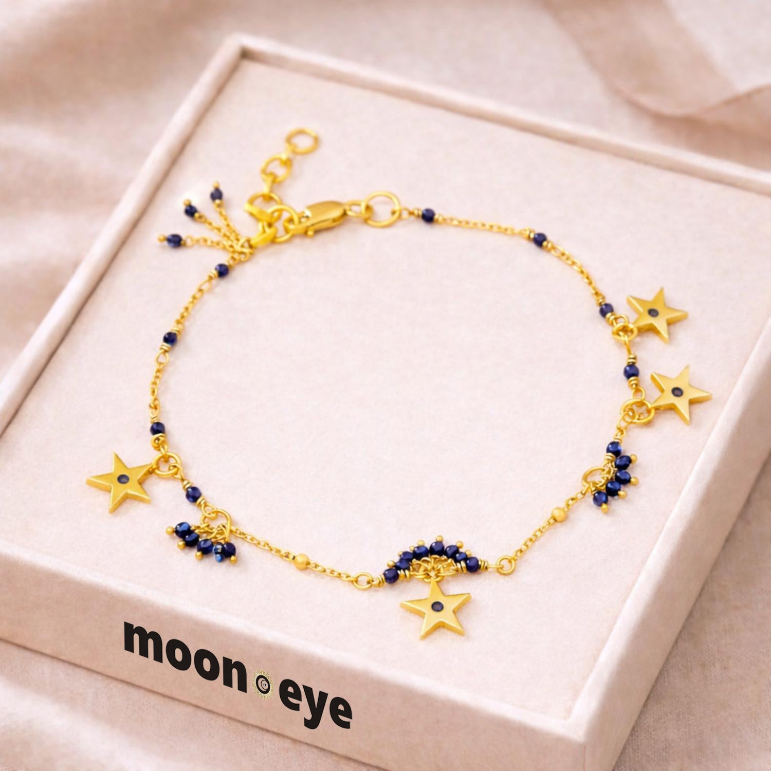 Blue Bead Star Charm Bracelet - 925 Silver Gold Plated