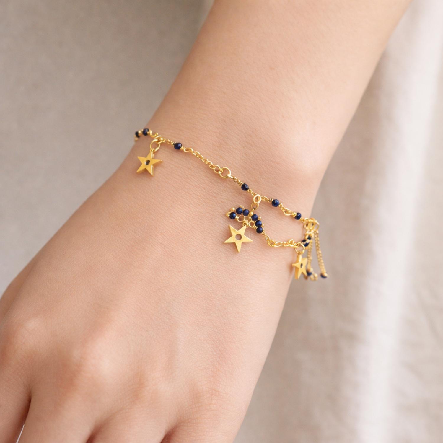 Blue Bead Star Charm Bracelet - 925 Silver Gold Plated