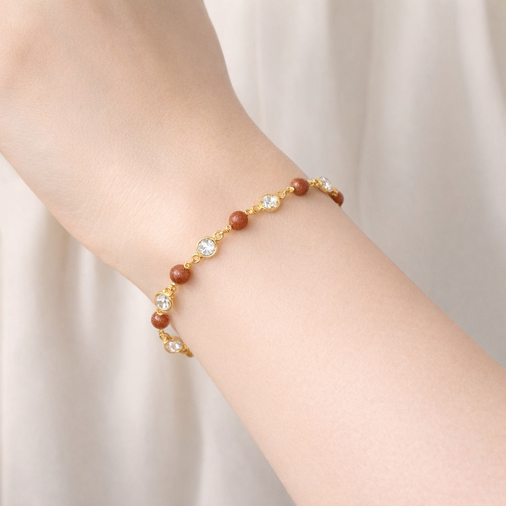 Brown Bead & CZ Bracelet - 925 Silver Gold Plated