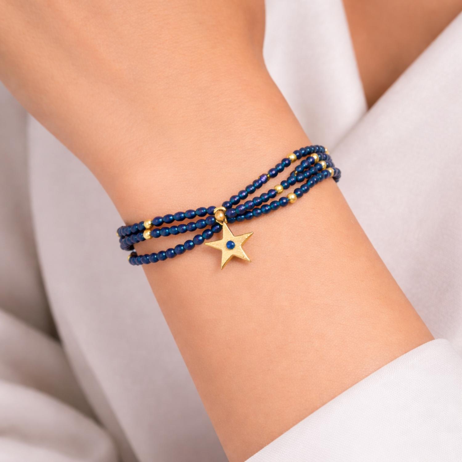Blue Beaded Star Charm Bracelet - 925 Silver Gold Plated