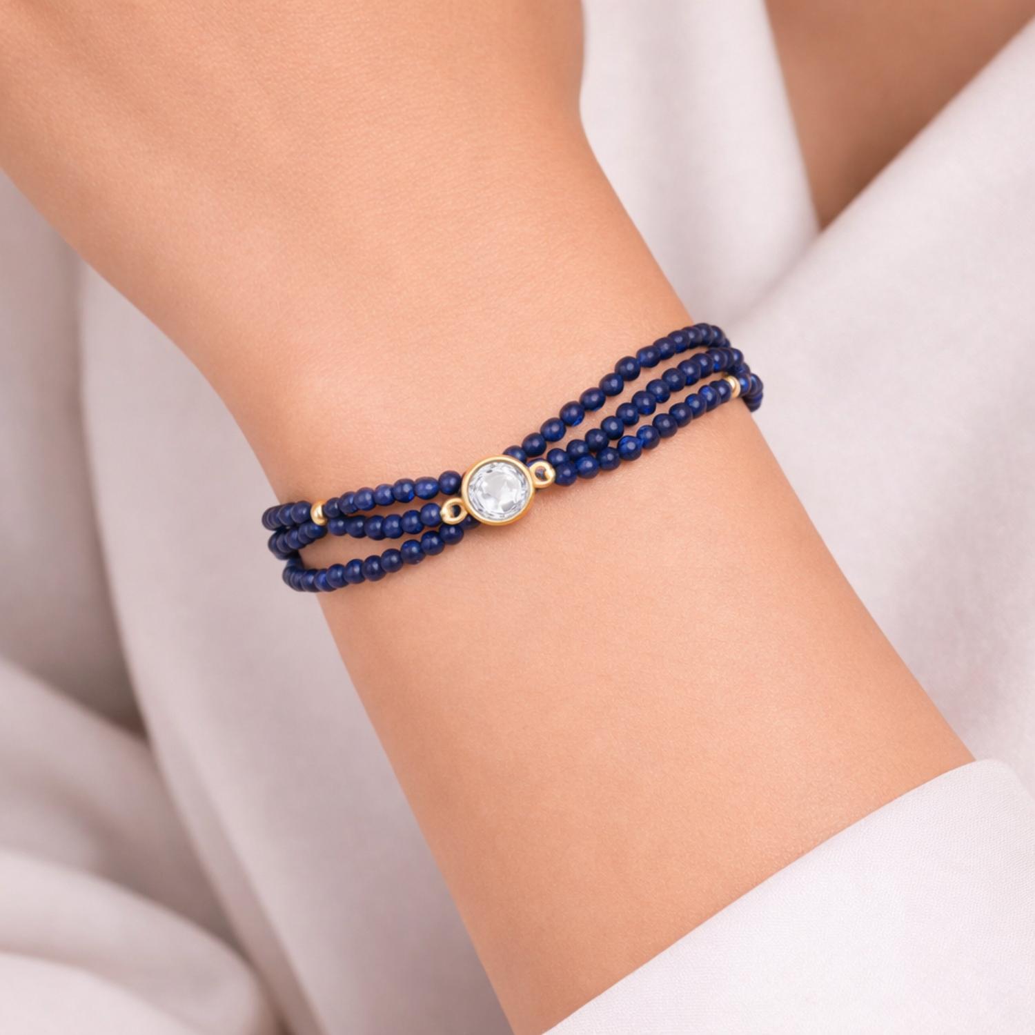 Blue Multi Strand Bead Bracelet - 925 Silver Gold Plated