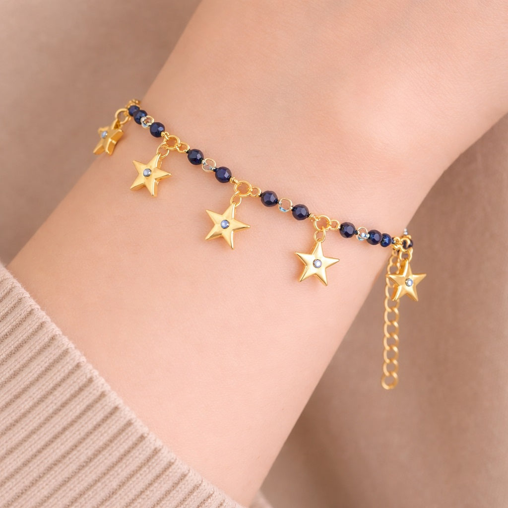 Blue Bead Star Charm Bracelet 925 Silver Gold Plated